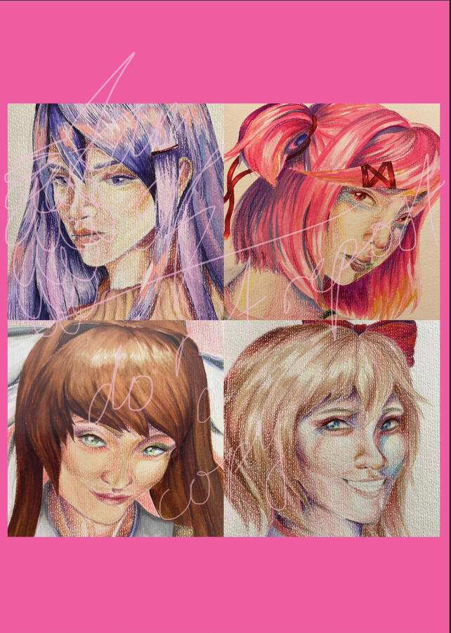 Doki-Doki Literature Club in my style. Mixed media on watercolour paper.