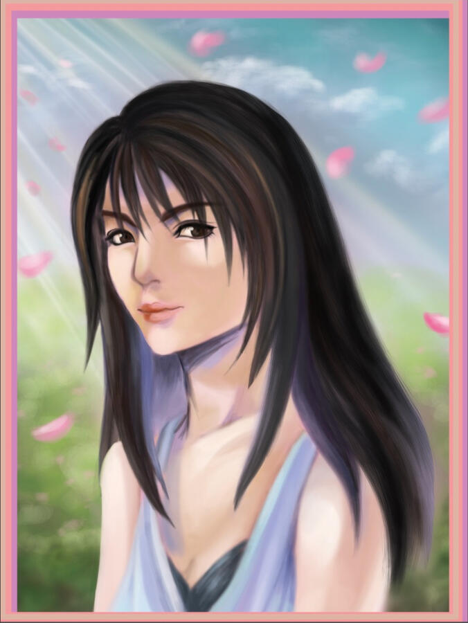 Rinoa from Final Fantasy VIII - painted in Adobe Photoshop as a beautified portrait with her opening landscape in the background.