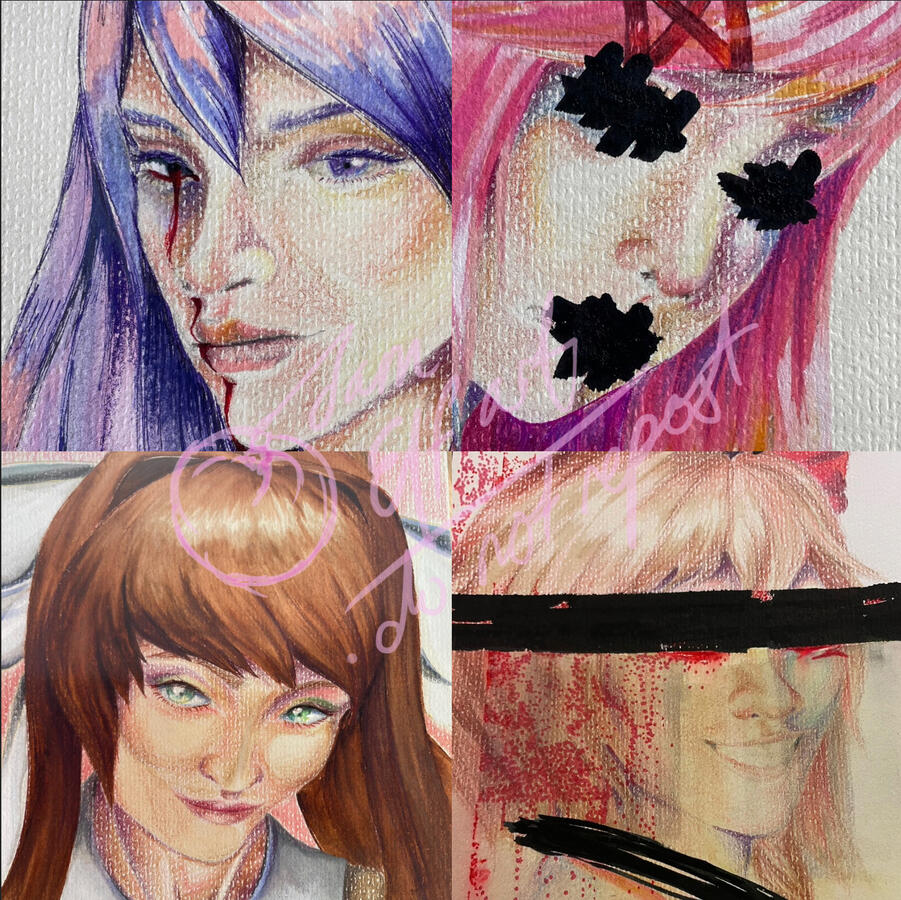 Doki-Doki Literature Club - the aftermath by the end of the game. Mixed media on watercolour paper.