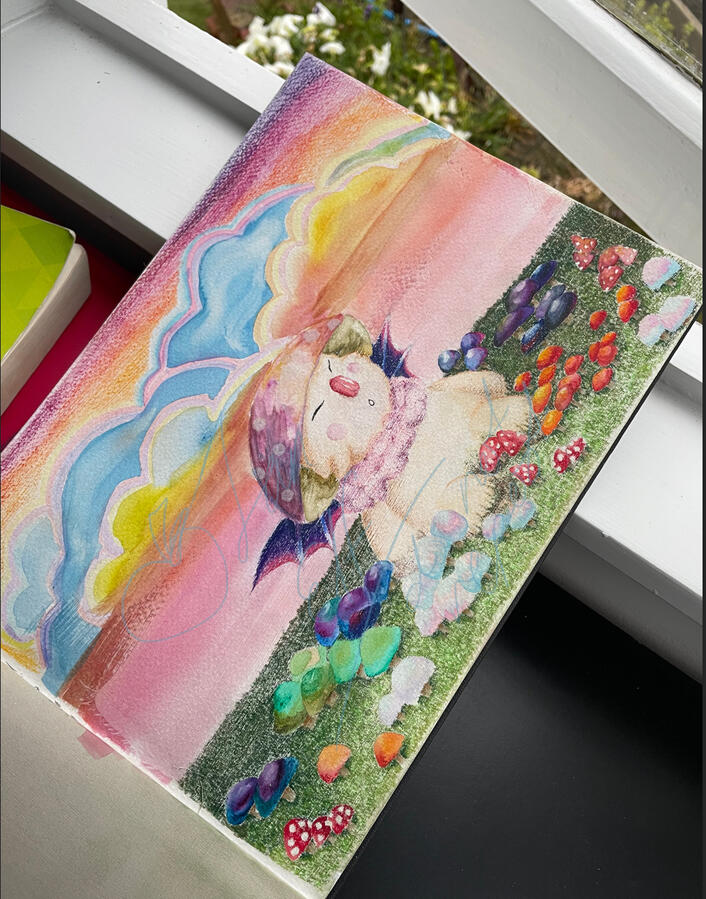 A moogle from Final Fantasy IX, painted zoning out in a mushroom field. Mixed media.