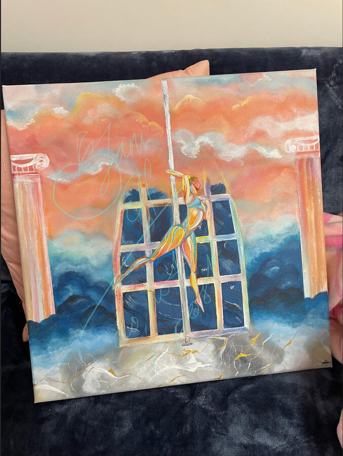 Pole dancer in a move known as the Titanic - owner of Empire Aerial Arts studio, Emma Louise. Painted as a gift for her mentorship and ownership of an incredible and inclusive learning environment.