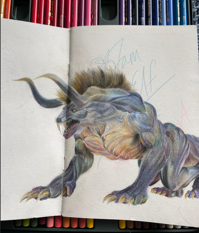 Study of a behemoth from Final Fantasy XV. Faber-Castell Polychromos pencil and Faber-Castell soft pastels.